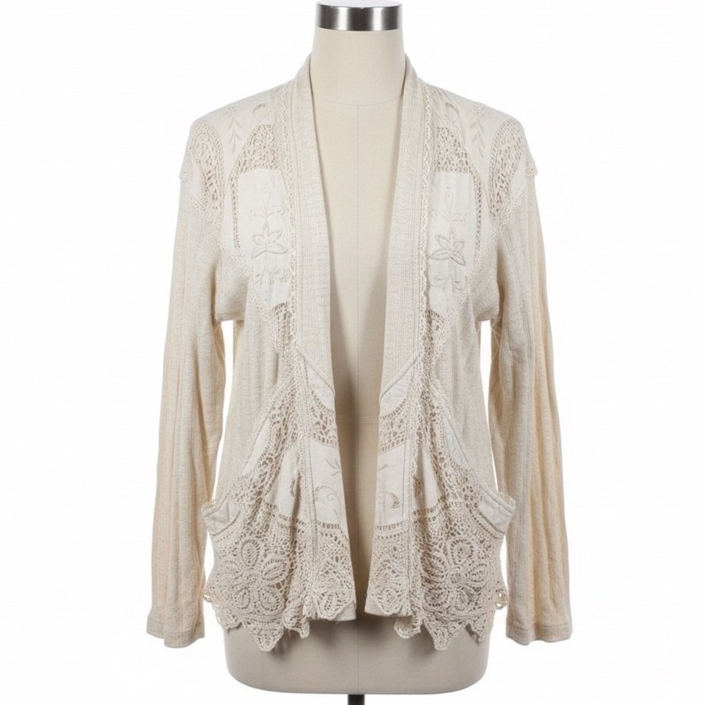 LIMS Vintage Crochet Lace Cardigan Sweater M‎ Boho Cottagecore Embroidery Cream